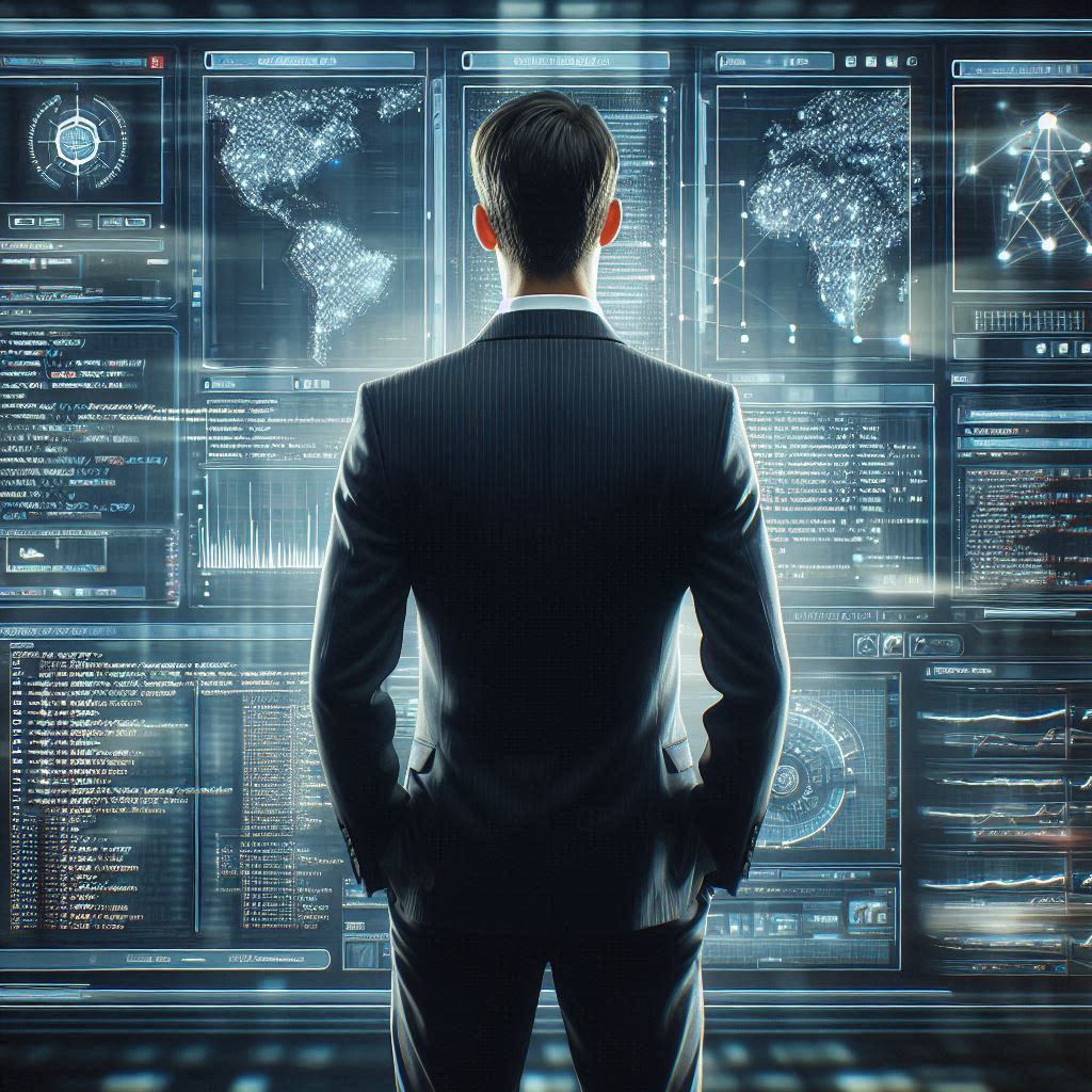 A man looking at a wall of monitors